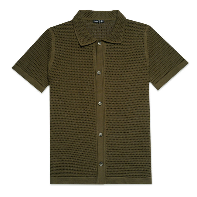 The Docker Knit Button Up Short Sleeve Shirt - Olive Button Down Shirts Eight-X GREEN S