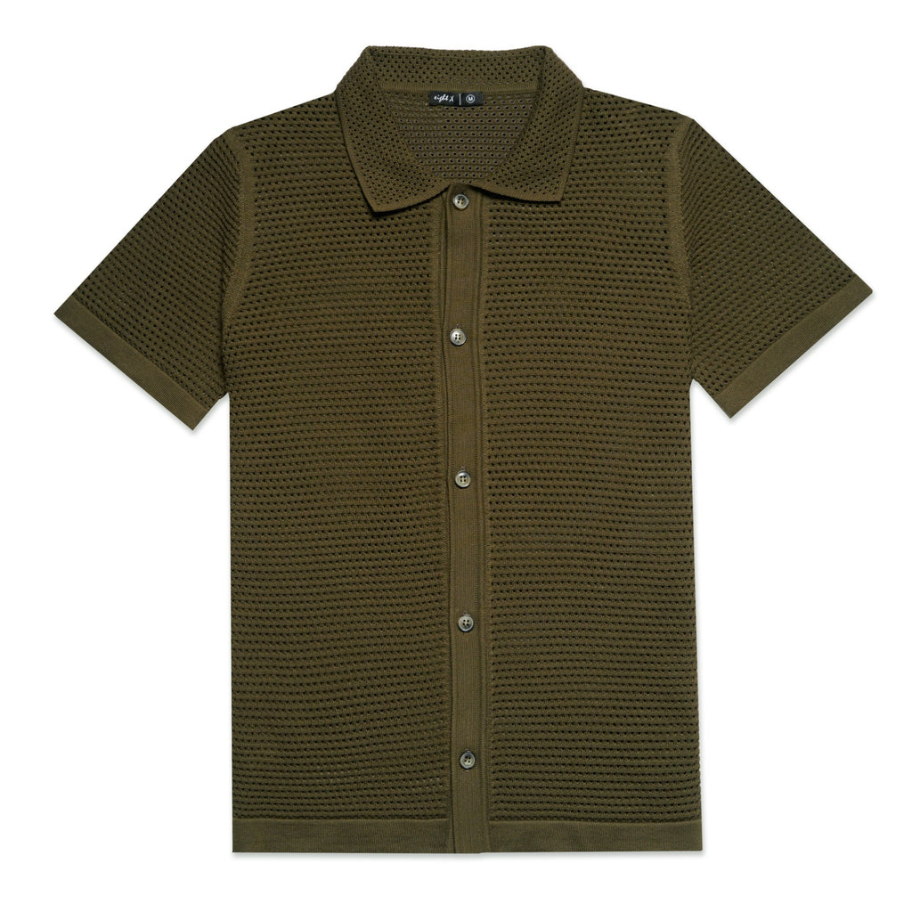 The Docker Knit Button Up Short Sleeve Shirt - Olive Button Down Shirts Eight-X GREEN S
