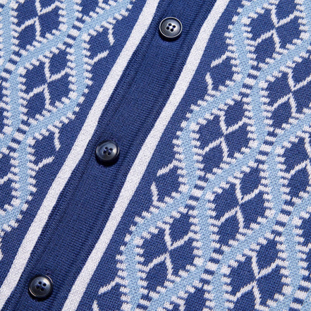 Diamond Weave Knit Polo Shirt - Blue Button Down Shirts Eight-X
