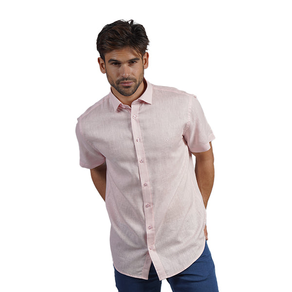100% Linen Button Short Sleeve Button Down Shirt - Pink Eight-X