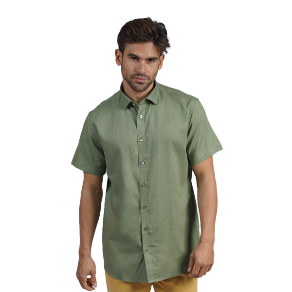 100% Linen Button Short Sleeve Button Down Shirt - Green Eight-X