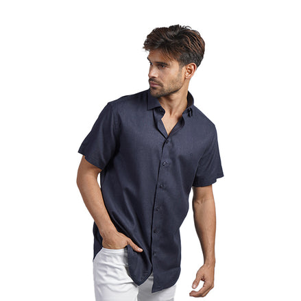 100% Linen Button Short Sleeve Button Down Shirt - Navy Short Sleeve Shirts Eight-X