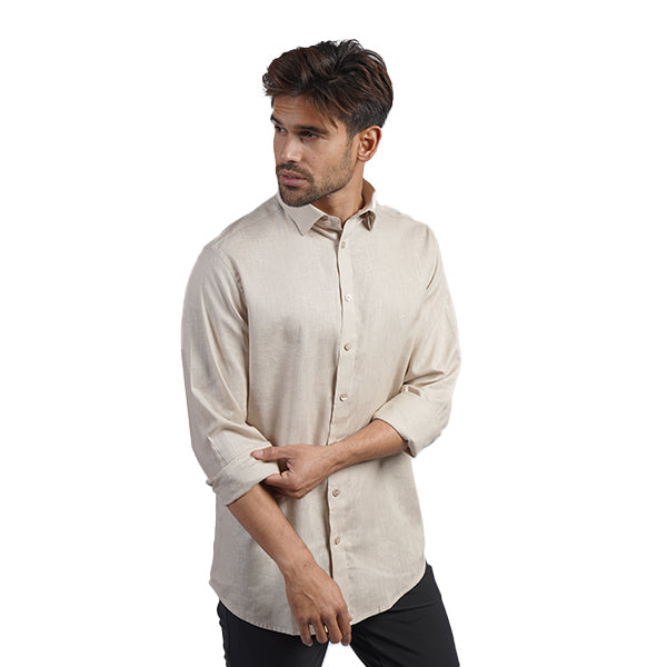 100% Linen Button Long Sleeve Button Down Shirt - Beige Eight-X BEIGE S