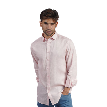 100% Linen Button Long Sleeve Button Down Shirt - Pink Eight-X