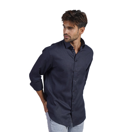 100% Linen Button Long Sleeve Button Down Shirt - Navy Eight-X