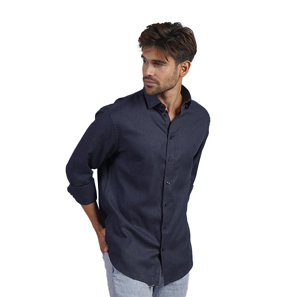 100% Linen Button Long Sleeve Button Down Shirt - Navy Eight-X NAVY S