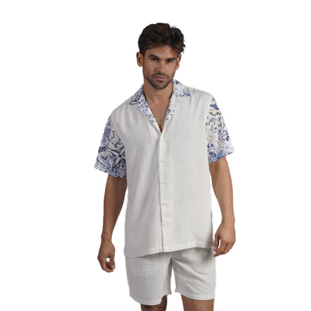 Azure Tapestry Short Sleeve Shirt + Shorts Matching Set Sets Eight-X