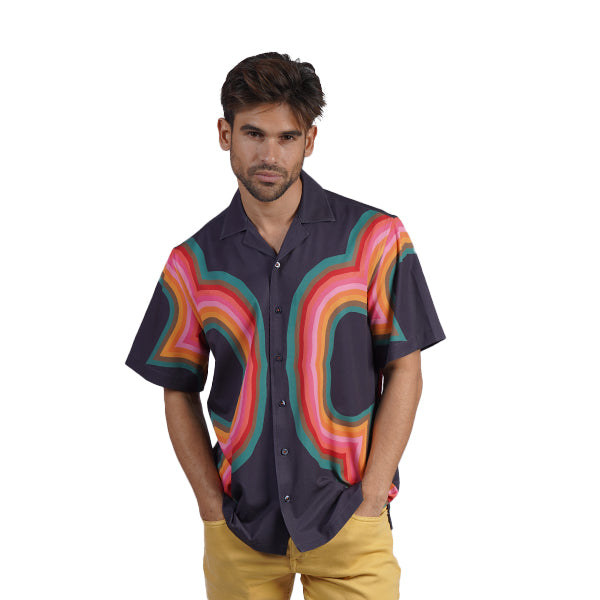 Four Leaf Short Sleeve Button Up Shirt - Navy Short Sleeve Shirts Eight-X