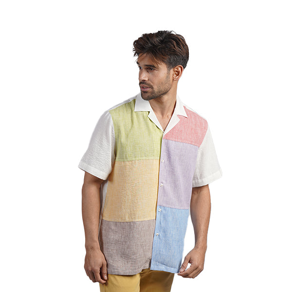 Color Panel Short Sleeve Button Up Shirt Short Sleeve Shirts Eight-X