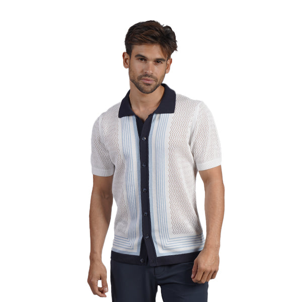The Linear Knit Polo Shirt - Sea Breeze Button Down Shirts Eight-X