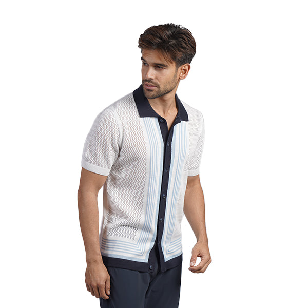 The Linear Knit Polo Shirt - Sea Breeze Button Down Shirts Eight-X