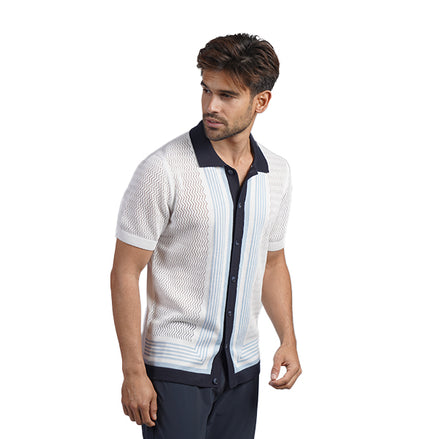 The Linear Knit Polo Shirt - Sea Breeze Button Down Shirts Eight-X