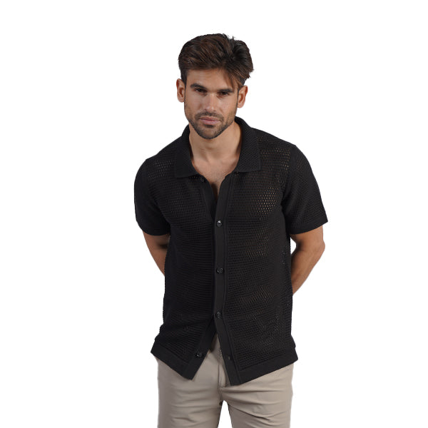 The Docker Knit Button Up Short Sleeve Shirt - Black Button Down Shirts Eight-X