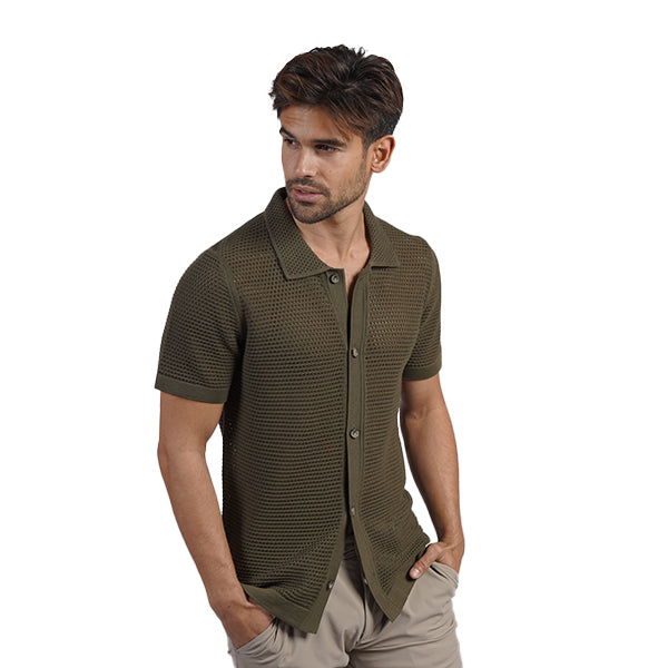 The Docker Knit Button Up Short Sleeve Shirt - Olive Button Down Shirts Eight-X