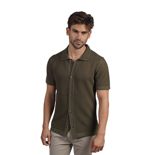 The Docker Knit Button Up Short Sleeve Shirt - Olive Button Down Shirts Eight-X