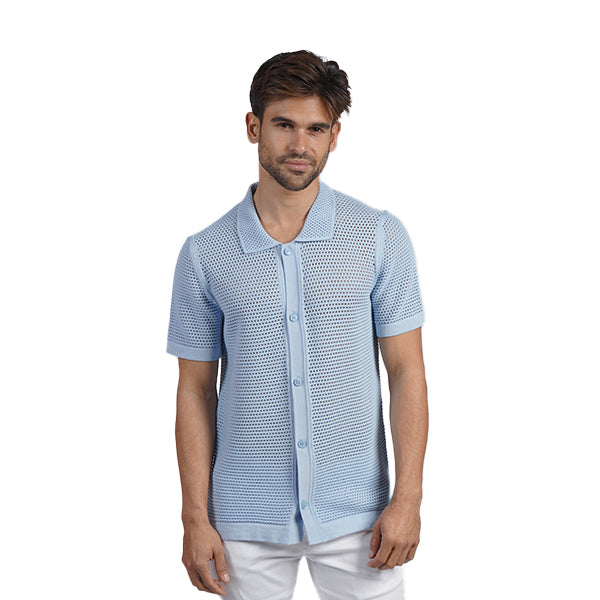 The Docker Knit Button Up Short Sleeve Shirt - Light Blue Button Down Shirts Eight-X
