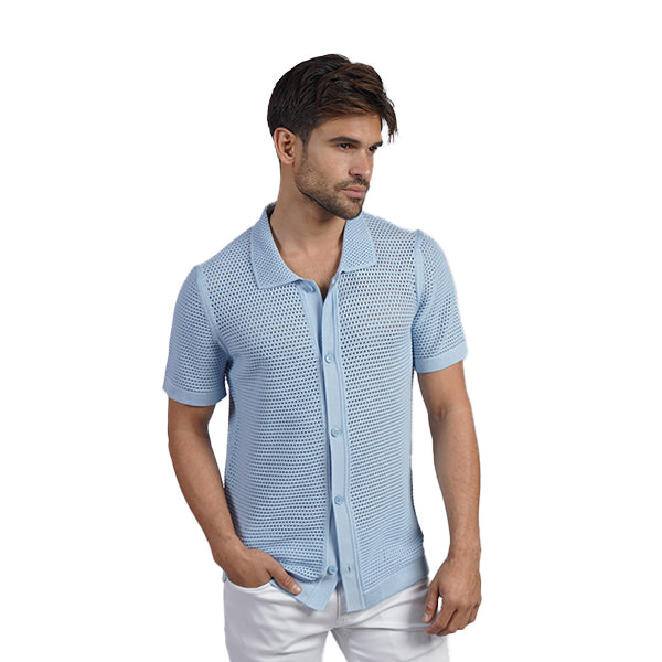 The Docker Knit Button Up Short Sleeve Shirt - Light Blue Button Down Shirts Eight-X