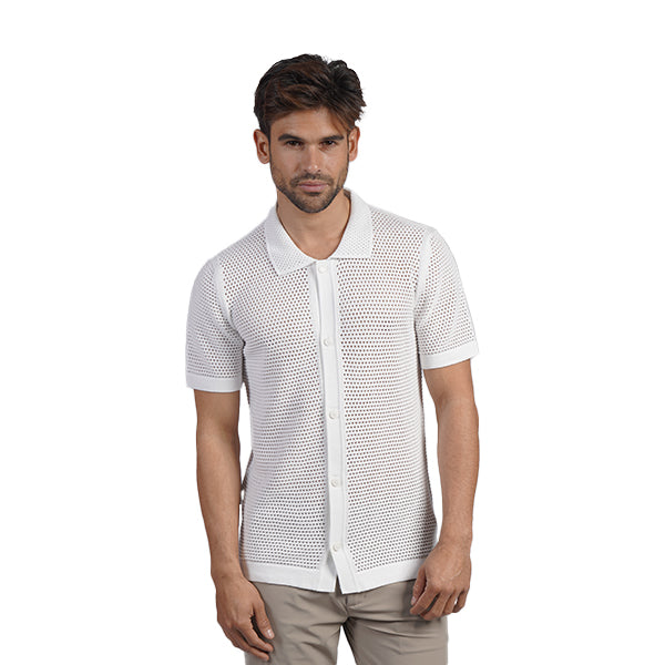 The Docker Knit Button Up Short Sleeve Shirt - White Button Down Shirts Eight-X