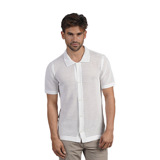 The Docker Knit Button Up Short Sleeve Shirt - White Button Down Shirts Eight-X