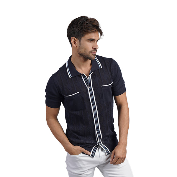 The Chandler Knit Polo Shirt - Navy Button Down Shirts Eight-X