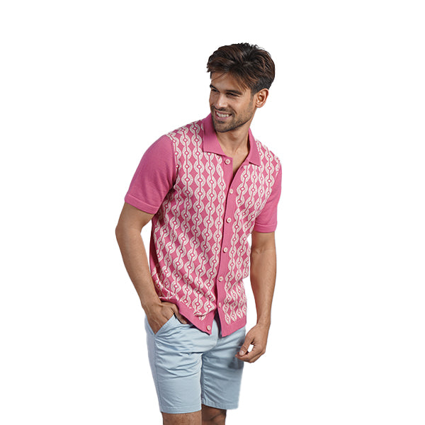 Chain Link Knit Polo Shirt - Pink Button Down Shirts Eight-X