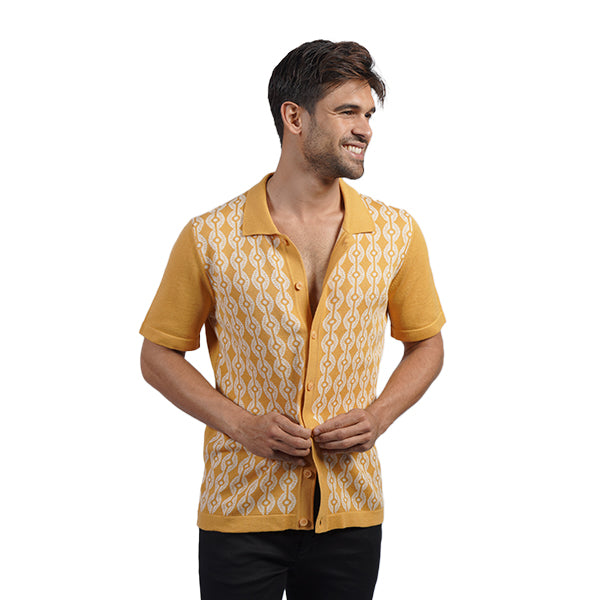 Chain Link Knit Polo Shirt - Yellow Button Down Shirts Eight-X