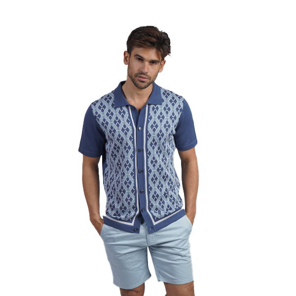 Diamond Weave Knit Polo Shirt - Blue Button Down Shirts Eight-X
