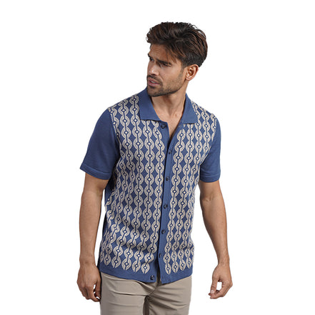 Chain Link Knit Polo Shirt - Blue Button Down Shirts Eight-X