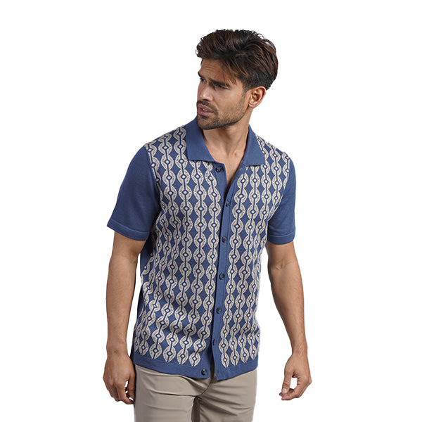 Chain Link Knit Polo Shirt - Blue Button Down Shirts Eight-X
