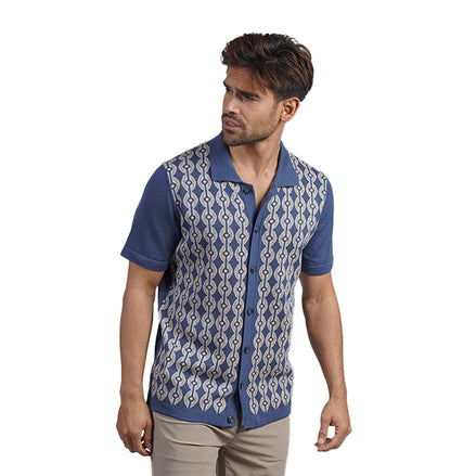 Chain Link Knit Polo Shirt - Blue Button Down Shirts Eight-X