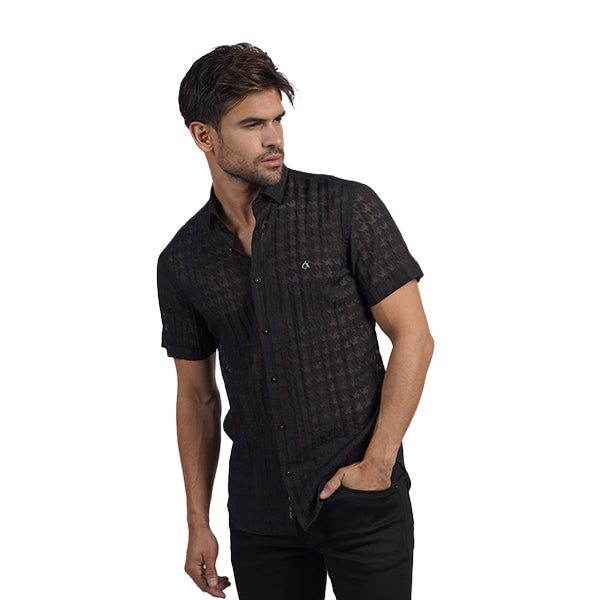 Sheer Black Houndstooth Short Sleeve Button Up Shirt Short Sleeve Shirts Eight-X