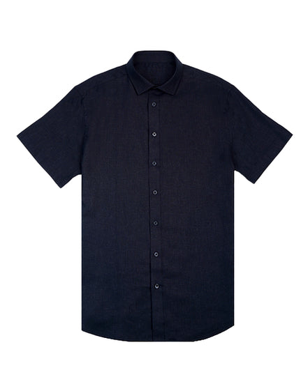100% Linen Button Short Sleeve Button Down Shirt - Navy Short Sleeve Shirts Eight-X