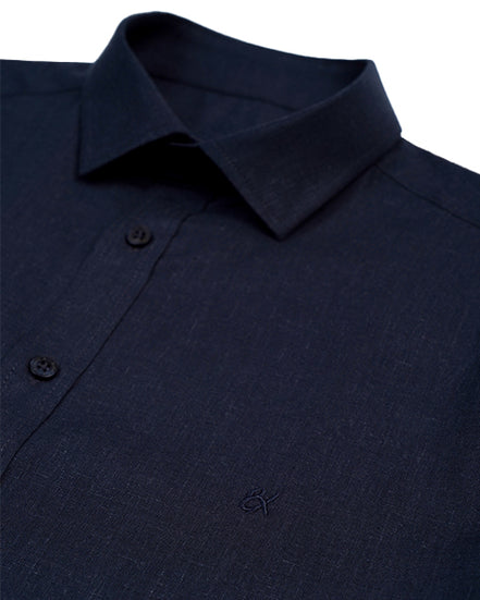100% Linen Button Short Sleeve Button Down Shirt - Navy Short Sleeve Shirts Eight-X