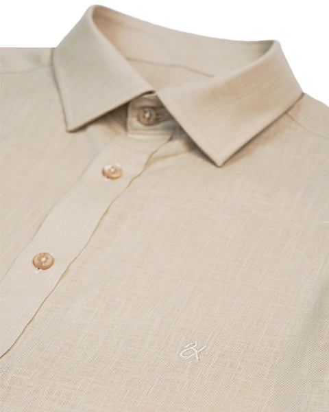 100% Linen Button Short Sleeve Button Down Shirt - Beige Eight-X