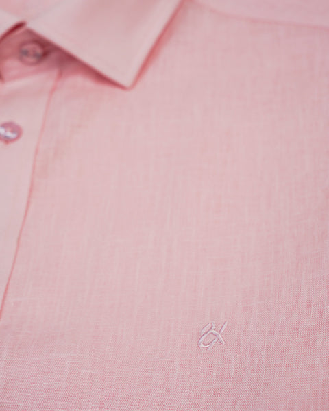 100% Linen Button Short Sleeve Button Down Shirt - Pink Eight-X