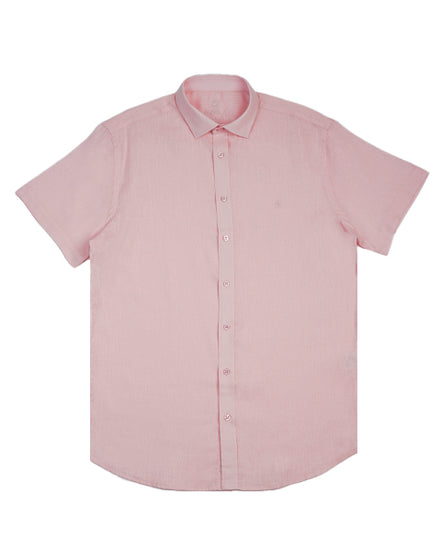 100% Linen Button Short Sleeve Button Down Shirt - Pink Eight-X