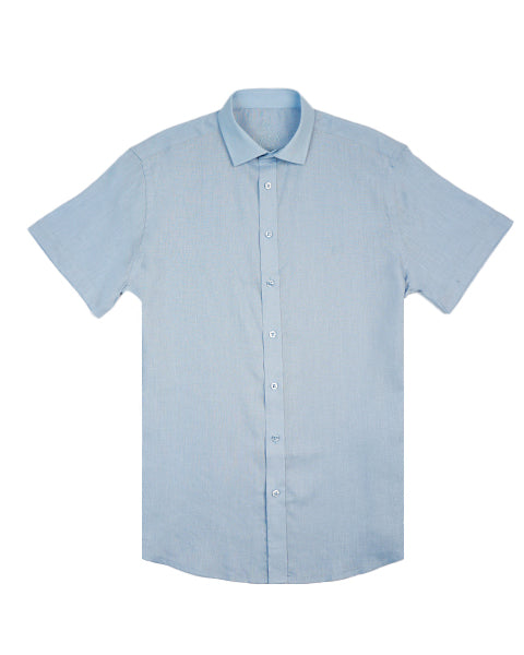 100% Linen Button Short Sleeve Button Down Shirt - Light Blue Eight-X