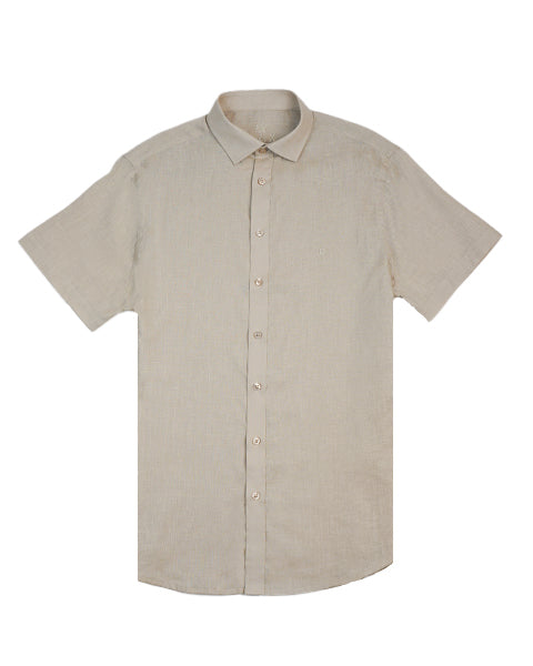 100% Linen Button Short Sleeve Button Down Shirt - Beige Eight-X