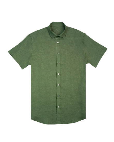 100% Linen Button Short Sleeve Button Down Shirt - Green Eight-X