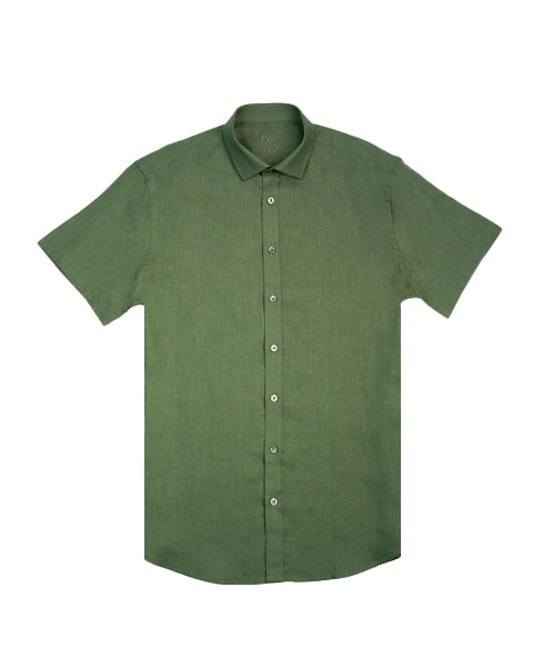100% Linen Button Short Sleeve Button Down Shirt - Green Eight-X