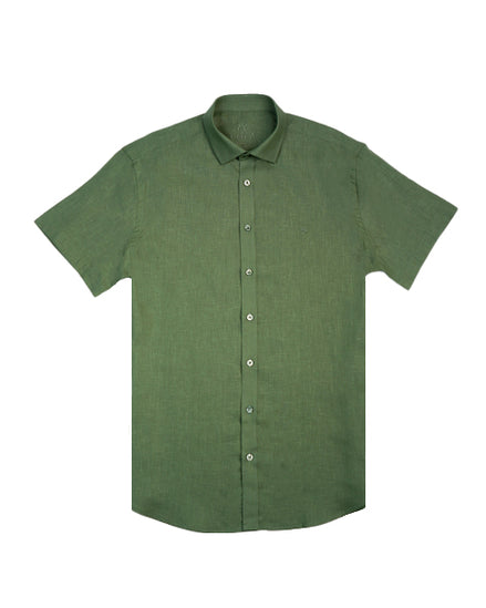100% Linen Button Short Sleeve Button Down Shirt - Green Eight-X