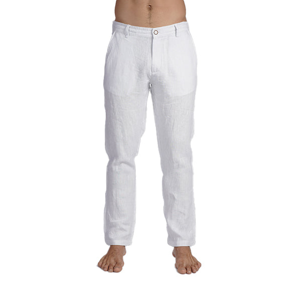 100% Linen Slim Fit Pants - White Pants Eight-X