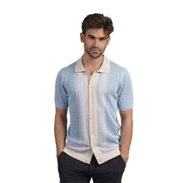 The Linear Knit Polo Shirt - Light Blue Button Down Shirts Eight-X