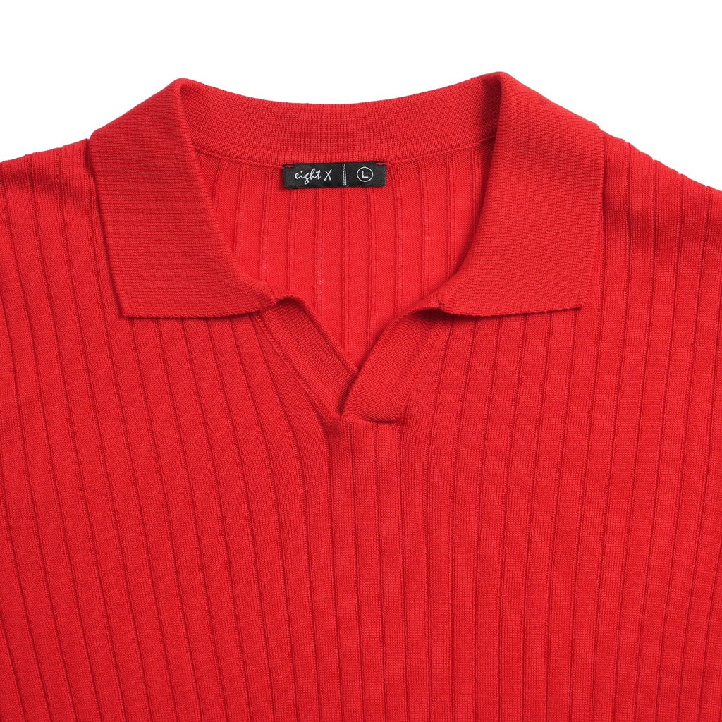 Ribbed Knit Polo - Red Polos Eight-X