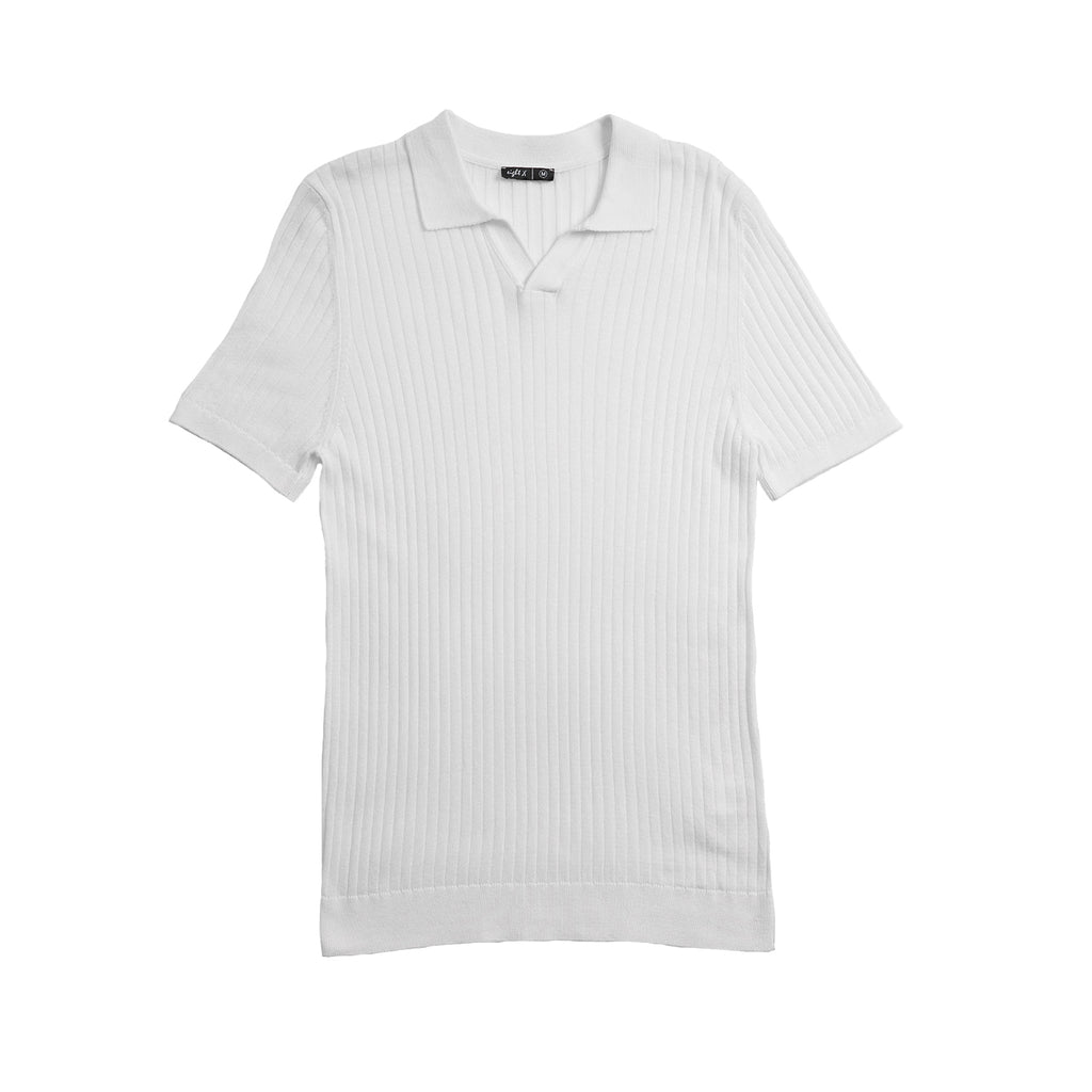 Ribbed Knit Polo - White Polos Eight-X
