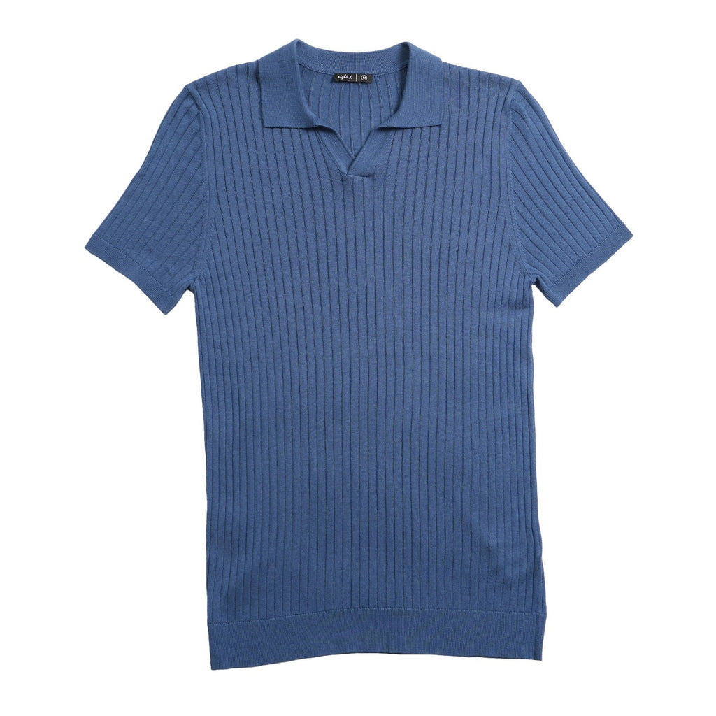 Ribbed Knit Polo - Blue Polos Eight-X