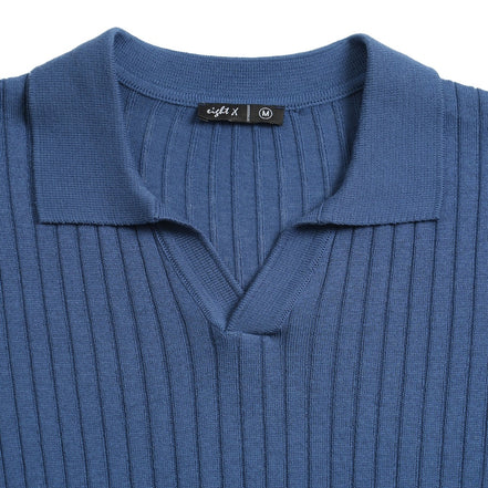Ribbed Knit Polo - Blue Polos Eight-X