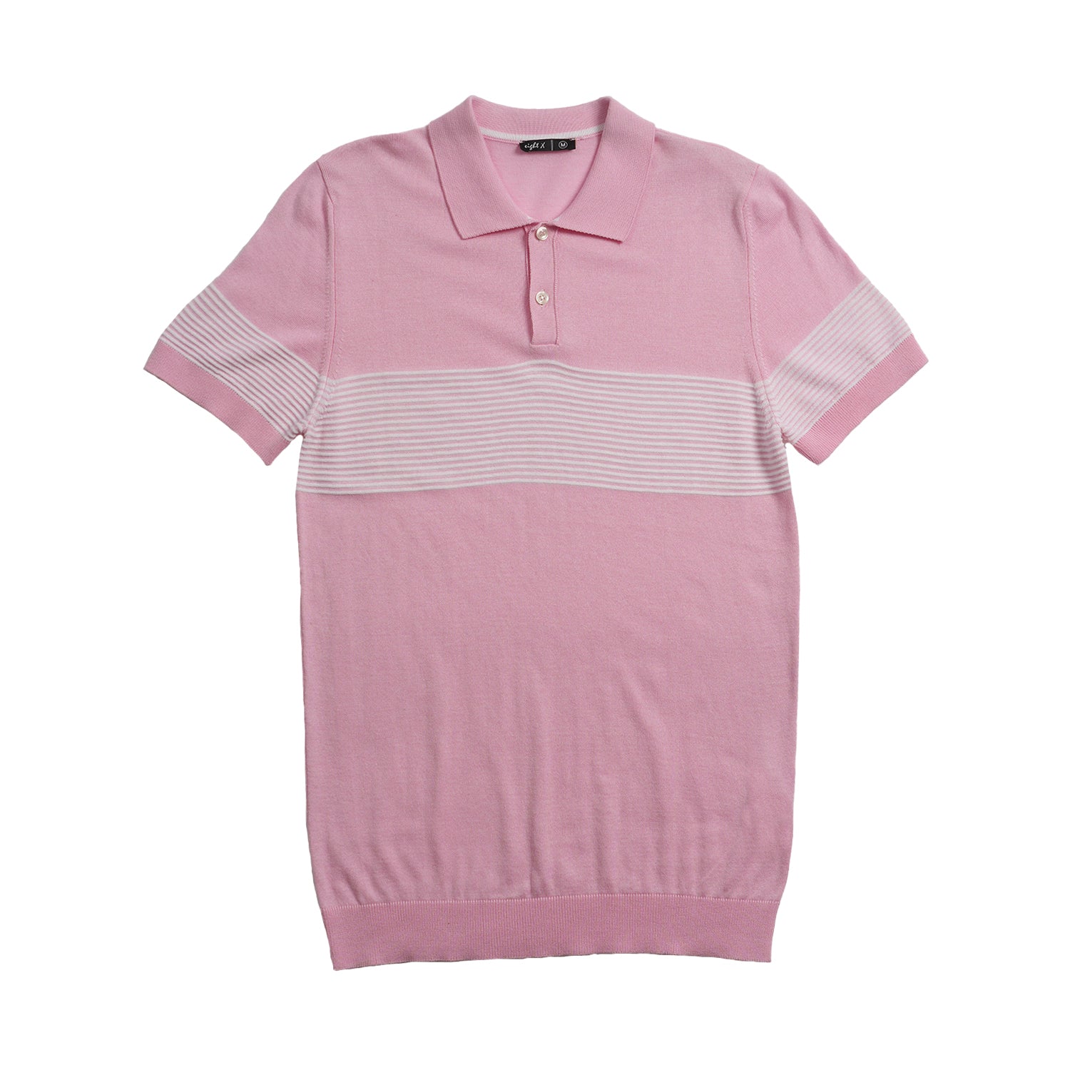 Striped Chest Knit Polo - Pink Polos Eight-X