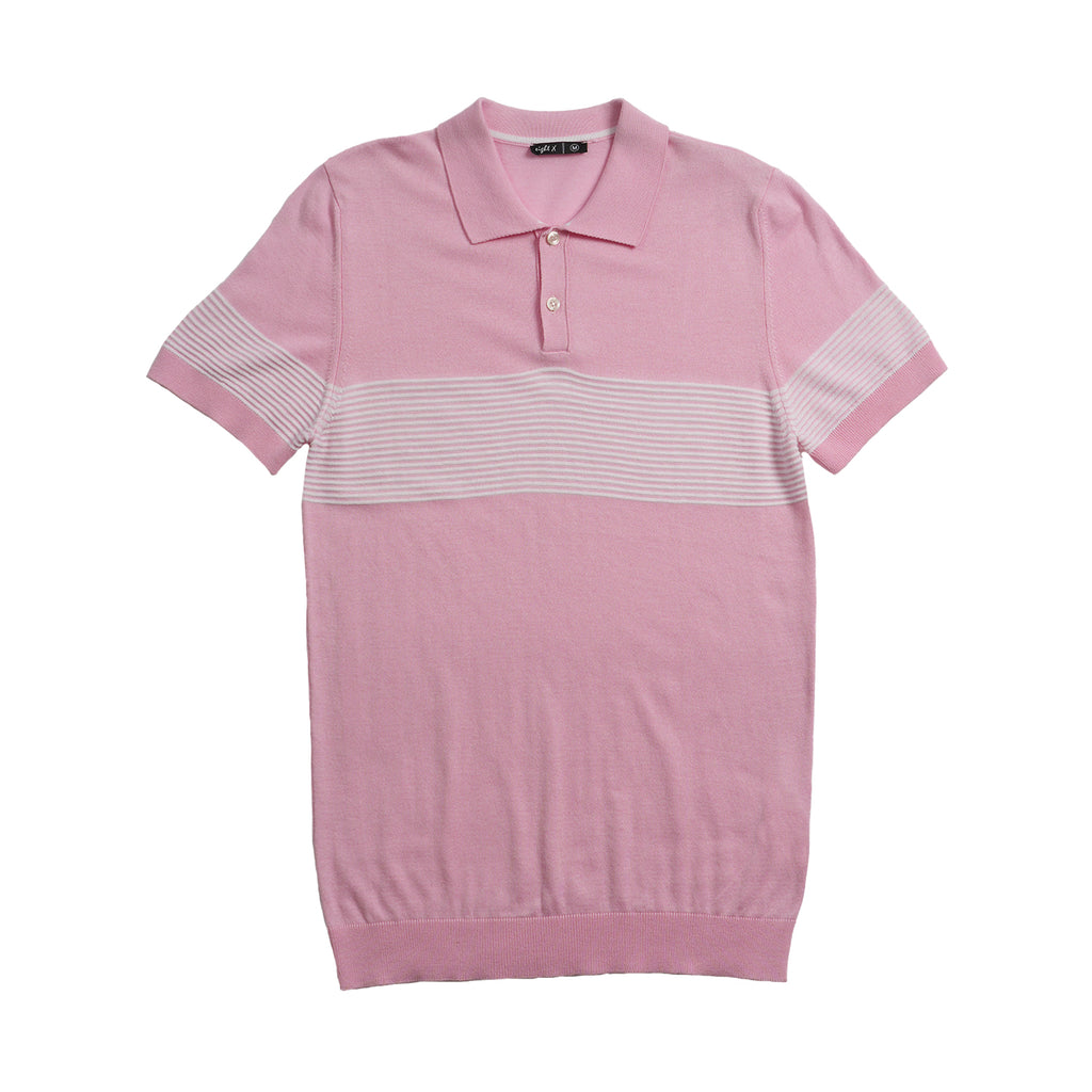 Striped Chest Knit Polo - Pink Polos Eight-X