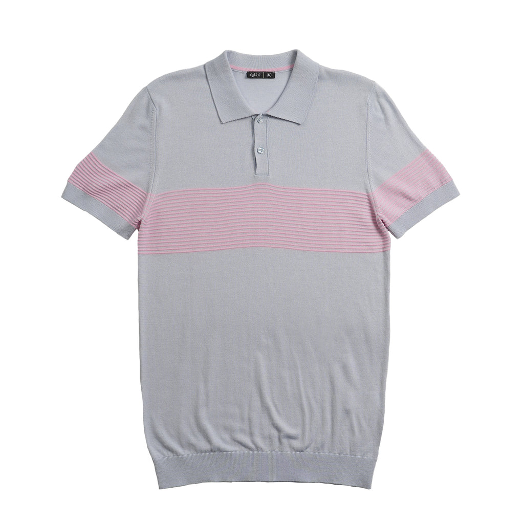 Striped Chest Knit Polo - Light Blue Polos Eight-X
